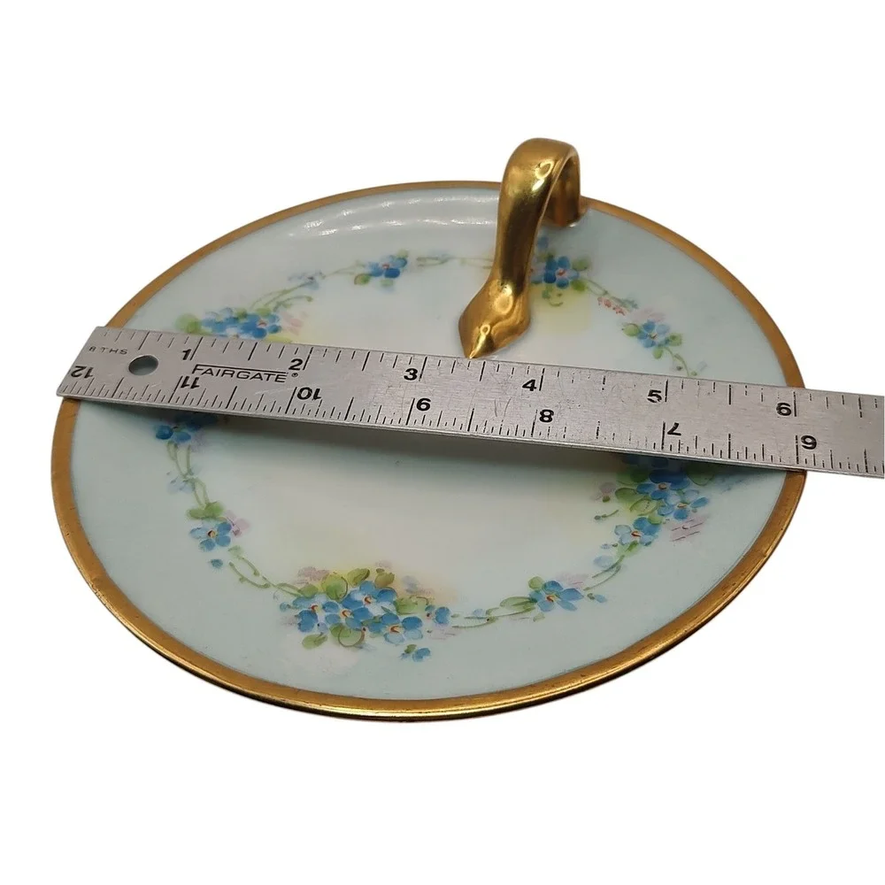 Antique Bavaria Nappy Lemon Dish Blue Hand‎ Painted Floral Gold Trim Handle SEE